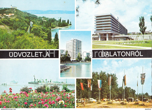 Greetings from lake Balaton - flags - hotel - 1975 - Hungary - used - JH Postcards