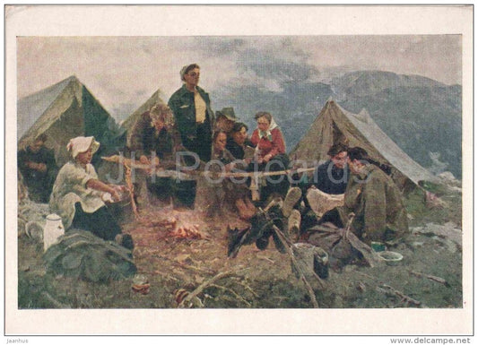 painting by A. Ratnikov - At the campfire - camping - tent - russian art - unused - JH Postcards