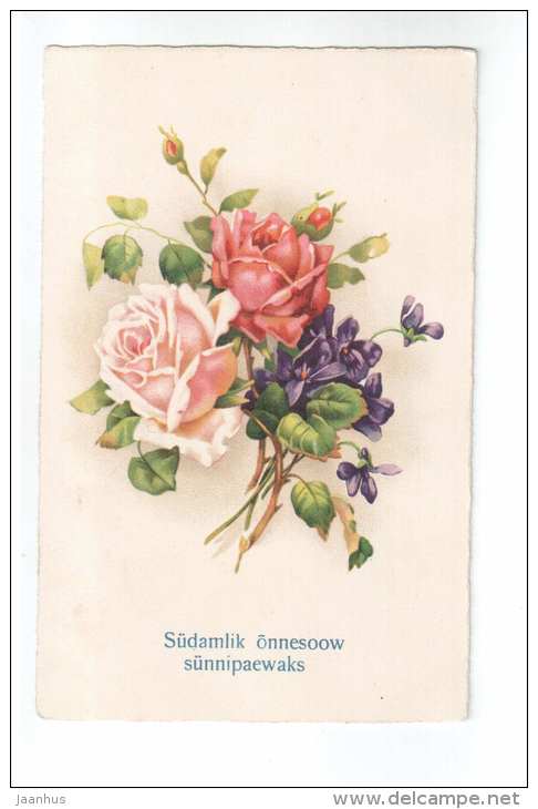 Birthday Greeting Card - flowers - roses - Amag 2391 - old postcard - circulated in Estonia - used - JH Postcards