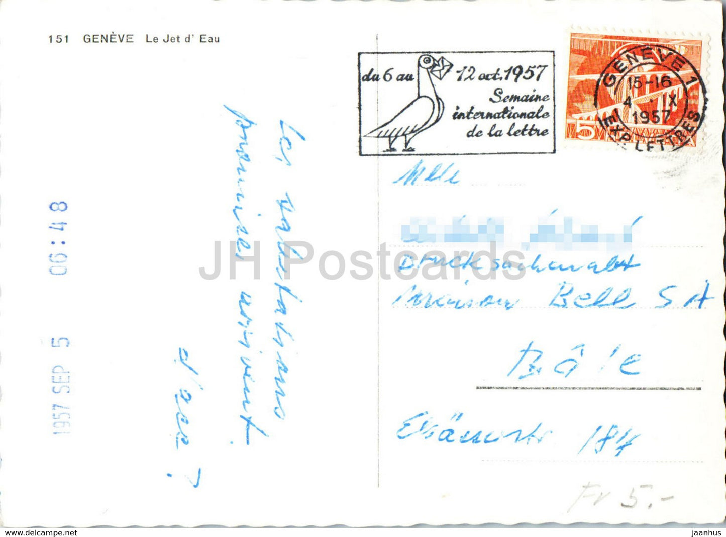 Genf - Le Jet d' Eau - Schiff - 151 - alte Postkarte - 1957 - Schweiz - gebraucht