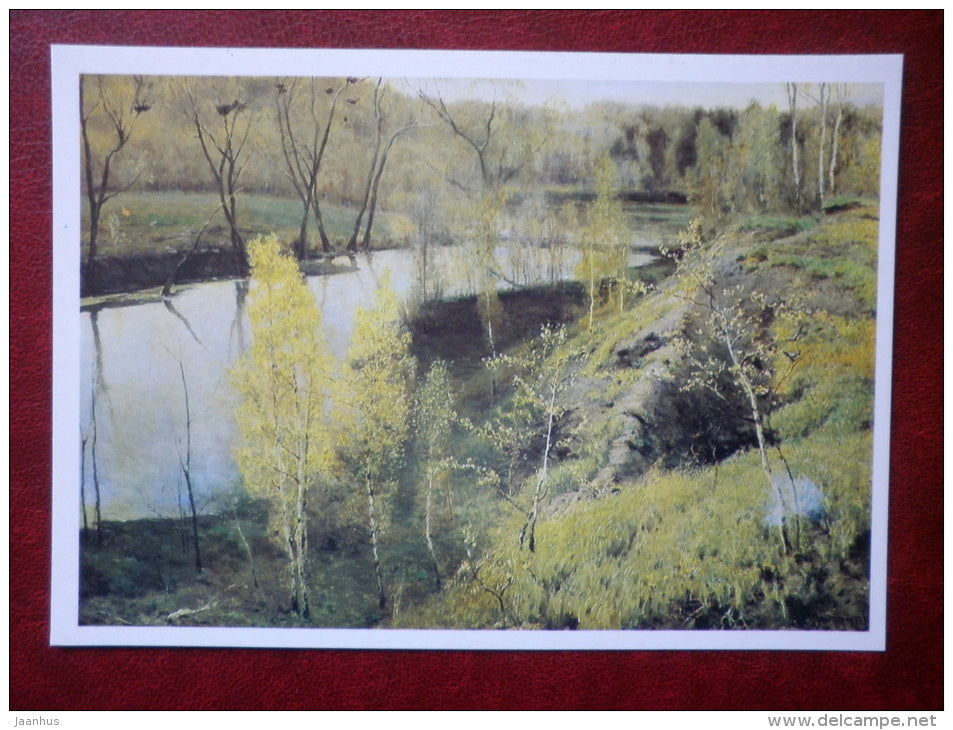 painting by Ilya Ostroukhov , First Green - river - russian art - unused - JH Postcards