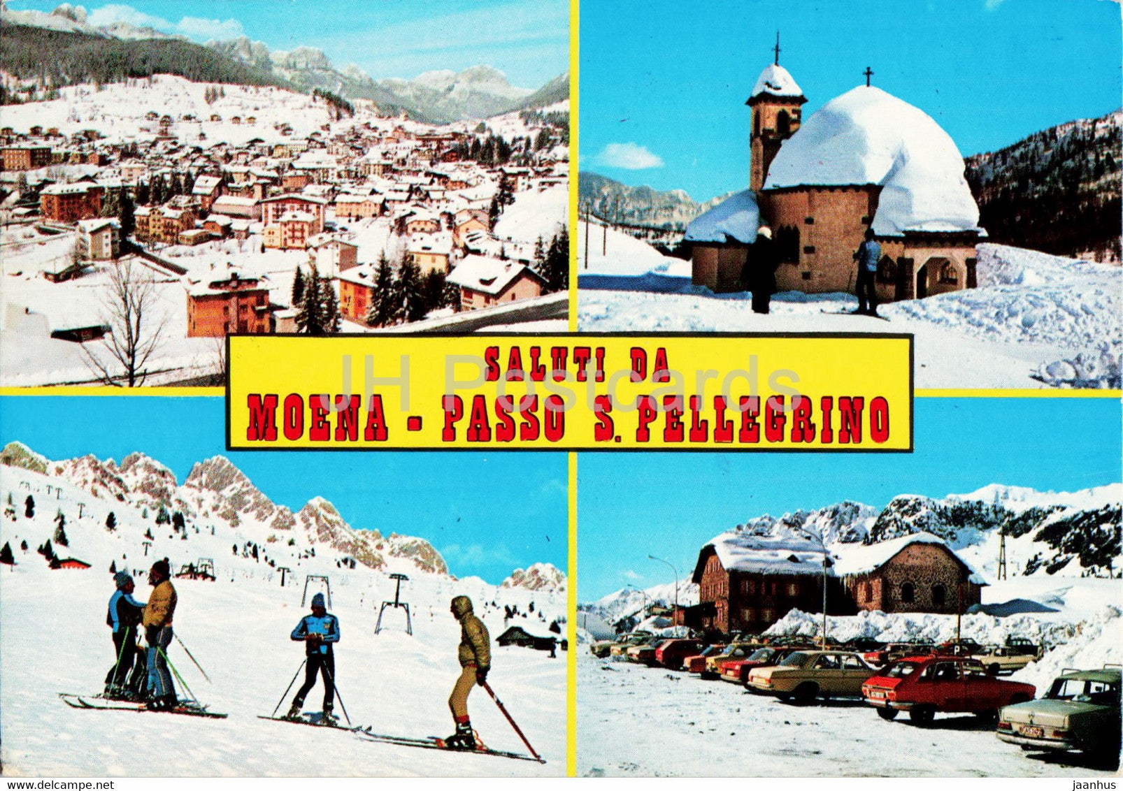 Saluti da Moena - Passo S Pellegrino - skiing - car - 1978 - Italy - used - JH Postcards
