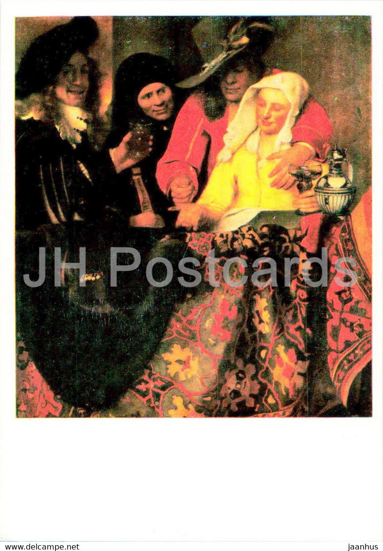 painting by Jan Vermeer Van Delft - Balkonszene - Bei der Kupplerin - At the procuress - Dutch art - Germany DDR unused - JH Postcards