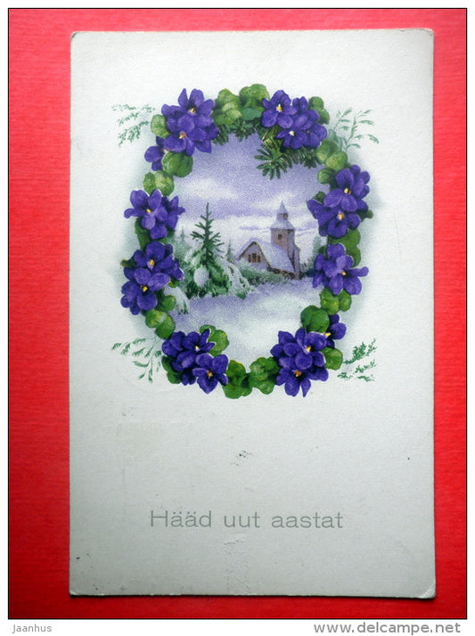 new year greeting card - flowers - church - winter - BR 8158 - circulated in Estonia Tallinn 1933 - JH Postcards