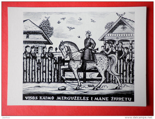 engraving by Jonas Kuzminskis - Lithuanian Folk Song theme . 1960 - horse - lithuanian art - unused - JH Postcards