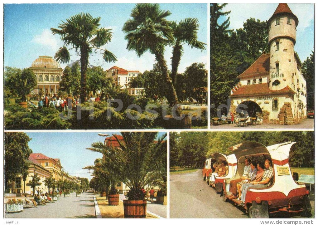 Frantiskovy Lazne - spa - Peace square - Cafe castle - Narodni trida - excursion train - Czechoslovakia - Czech - used - JH Postcards