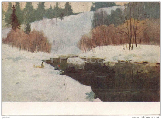 painting by N. Polivanov - April Month - river - snow - russian art - unused - JH Postcards