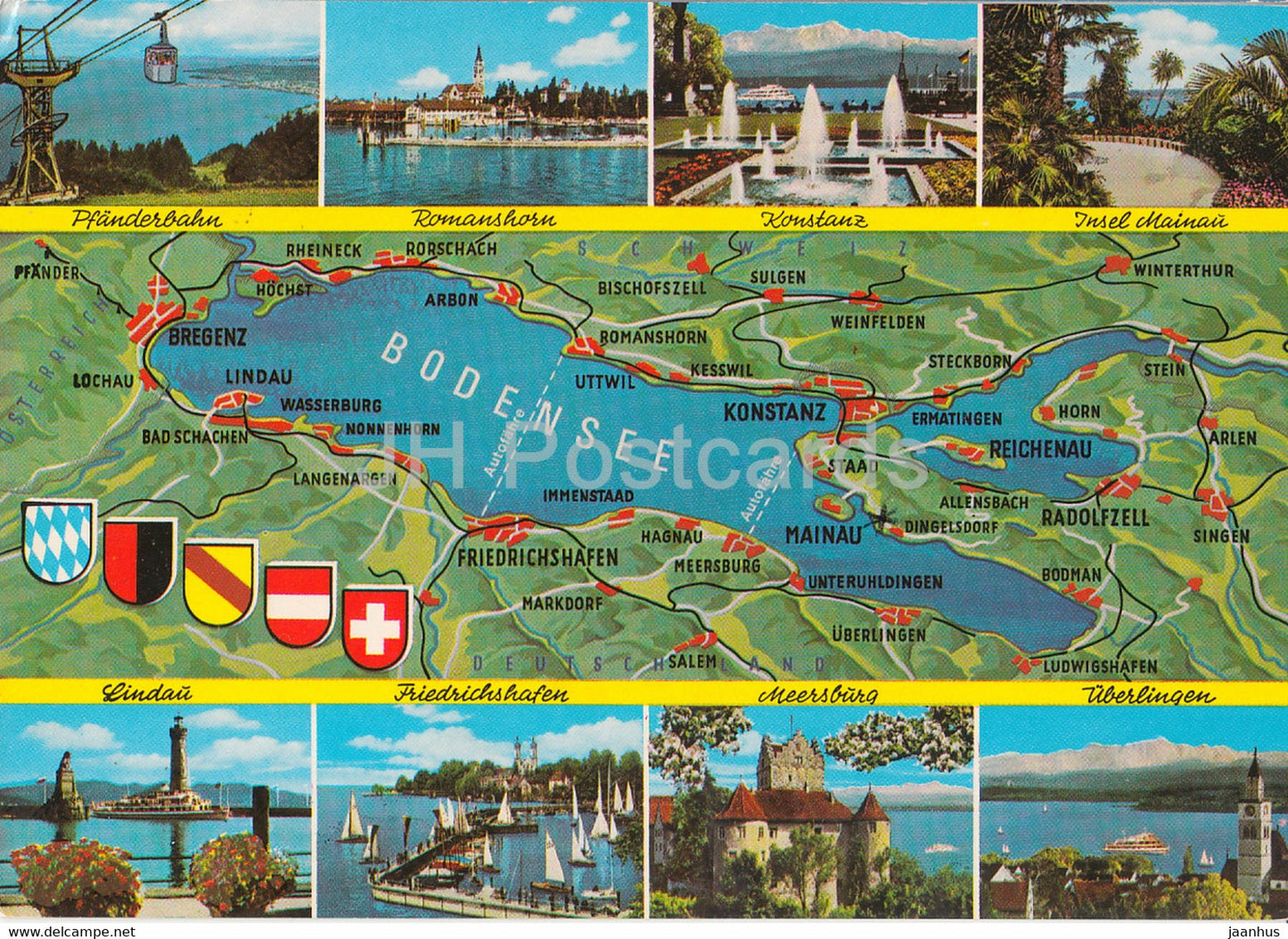 Bodensee - Pfanderbahn - Romanshorn - Konstanz - Insel Mainau - Lindau - map - multiview - 1990 - Switzerland - used - JH Postcards