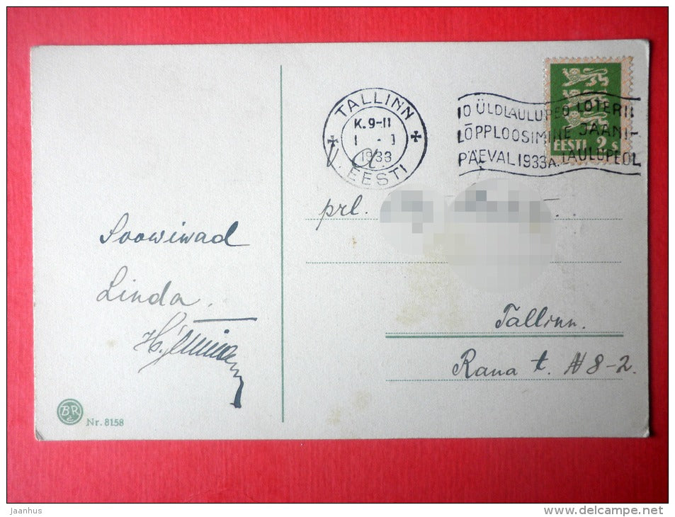 new year greeting card - flowers - church - winter - BR 8158 - circulated in Estonia Tallinn 1933 - JH Postcards