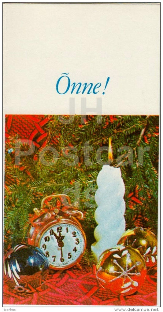 New Year Greeting Card - 1 - decorations - alarm clock - candle - 1980 - Estonia USSR - used - JH Postcards