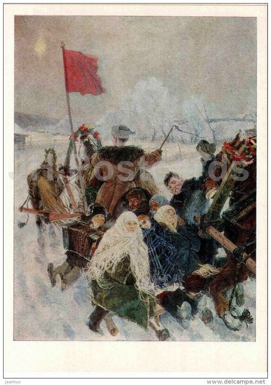 Portrait of A. Plastov - Go to the Elections , 1947 - horse sledge - Red banner - 1978 - Russia USSR - unused - JH Postcards