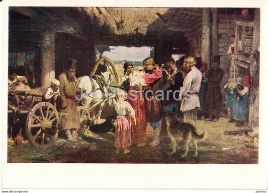 painting by I. Repin - Seeing off a recruit - horse carriage - dog - Russian art - 1966 - Russia USSR - unused - JH Postcards