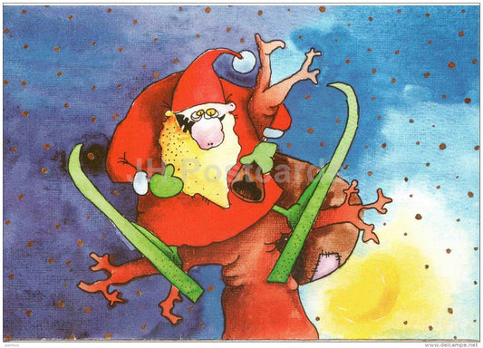 New Year greeting card by A. Teinfeldt - Santa Claus - skiing - wolves - 1992 - Estonia - used - JH Postcards