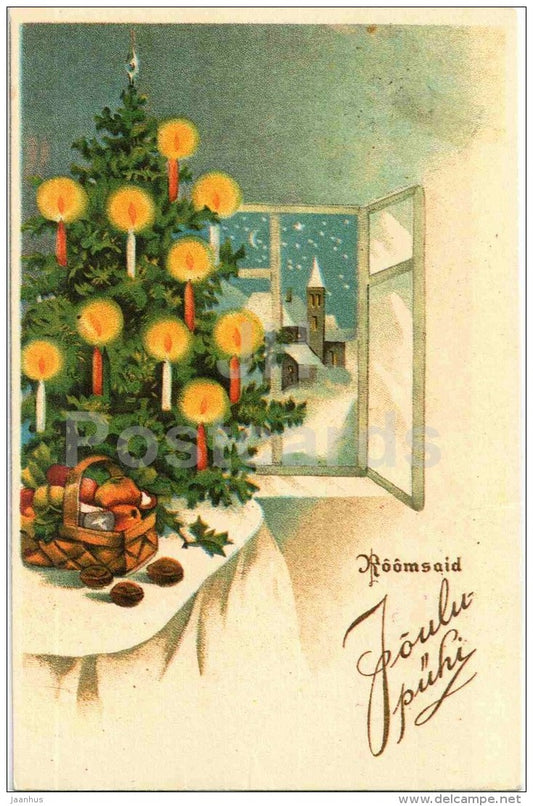 Christmas greeting card - christmas tree - candles - cakes - church - REPRODUCTION ! - 1990 - Estonia USSR - unused - JH Postcards