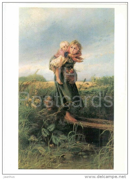 painting by K. Makovsky - Children fleeing from the storm , 1872 - russian art - unused - JH Postcards