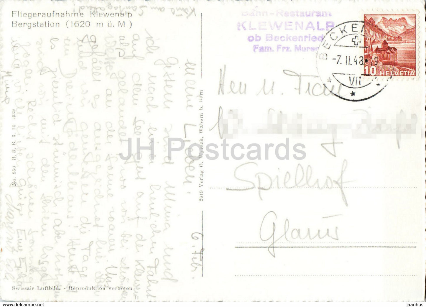 Fliegeraufnahme Klewenalp - Bergstation 1620 m - 1948 - old postcard - Switzerland - used