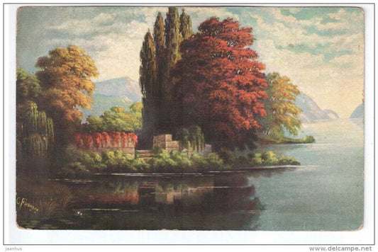illustration by Fiebiger - lake trees - Amag 1141 - old postcard - unused - JH Postcards