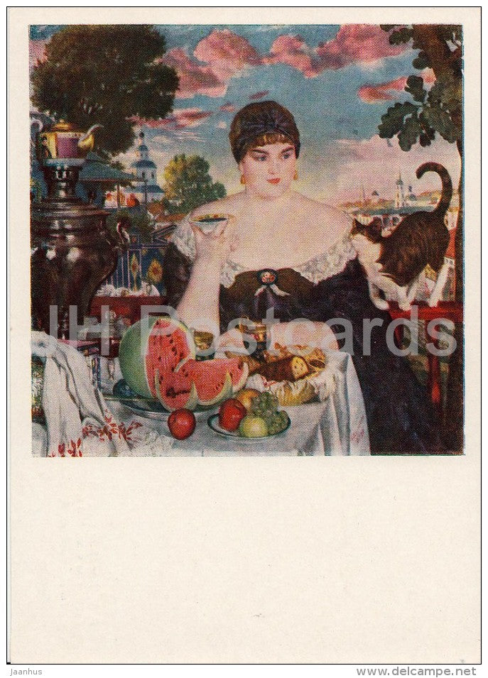 painting by B. Kustodiev - Merchant's Wife at Tea - 1918 - watermelon - cat - Russian art - 1957 - Russia USSR - unused - JH Postcards