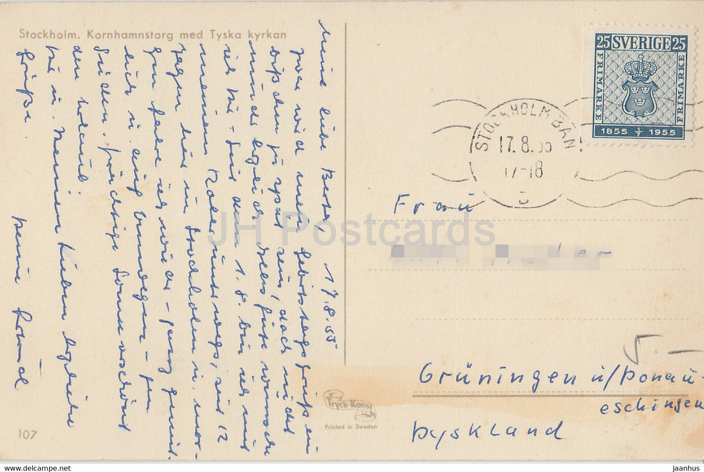 Stockholm - Kornhamnstorg med Tyska kyrkan - tram - carte postale ancienne - 1955 - Suède - utilisé