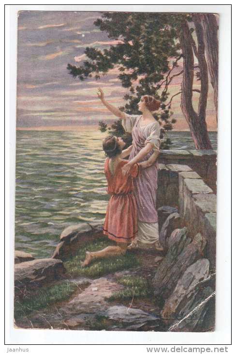 illustration by Raffanti - Invocation to Eros - women at the sea - 16 - old postcard - unused - JH Postcards