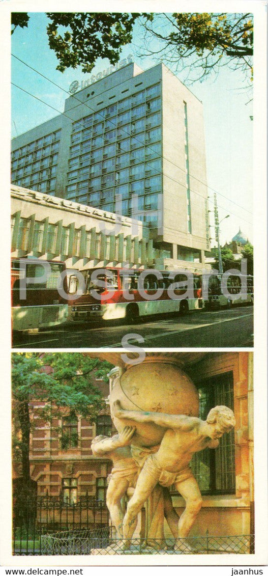Odessa - hotel Chernoe More (Black Sea) - bus Ikarus - Atlanteans sculpture - 1982 - Ukraine USSR - unused - JH Postcards