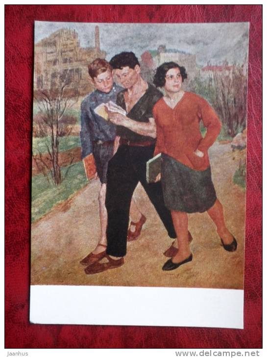 Painting by B. V. Johanson - technical school students , 1928 - russian art - unused - JH Postcards