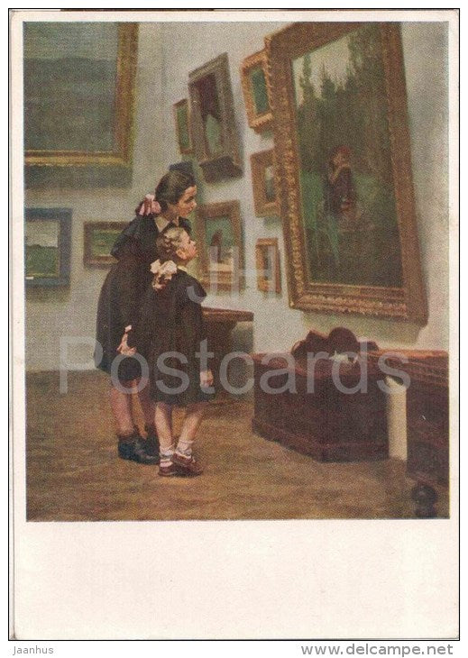 painting by L. Puskin - Alyonushka - schoolgirls - russian art - unused - JH Postcards