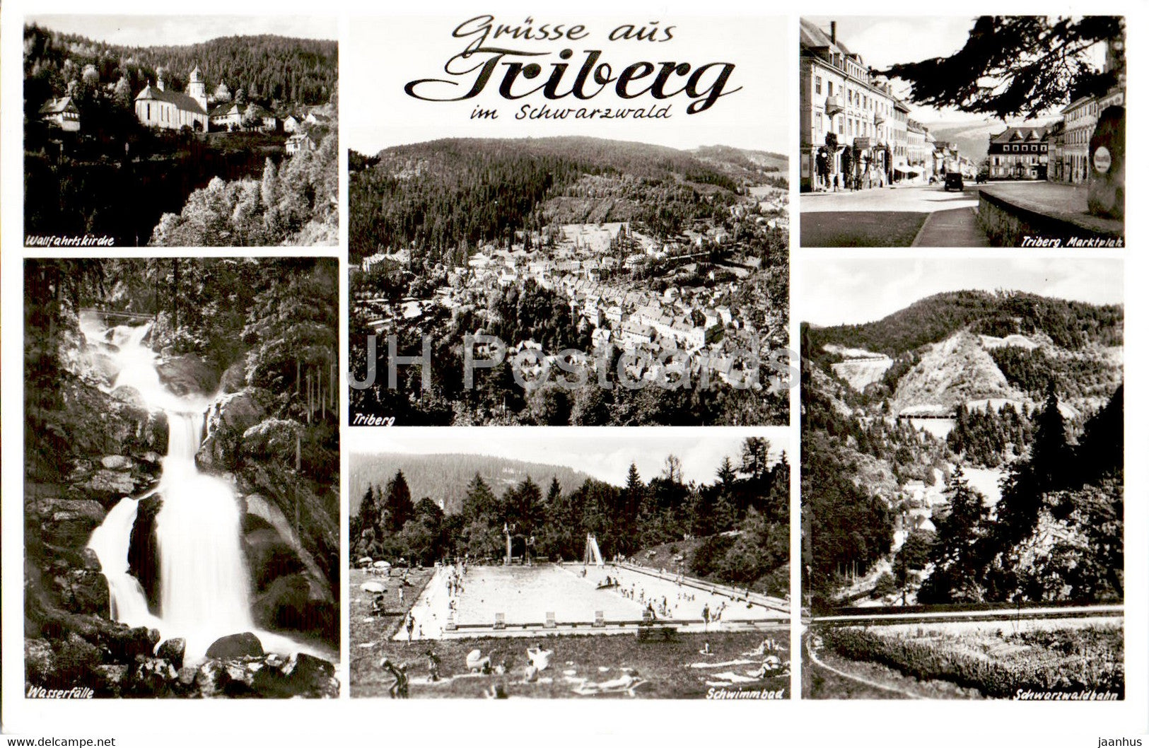 Grusse aus Triberg im Schwarzwald - Wallfahrtskirche - Schwimmbad - Wasserfalle - old postcard - 1958 - Germany - used - JH Postcards