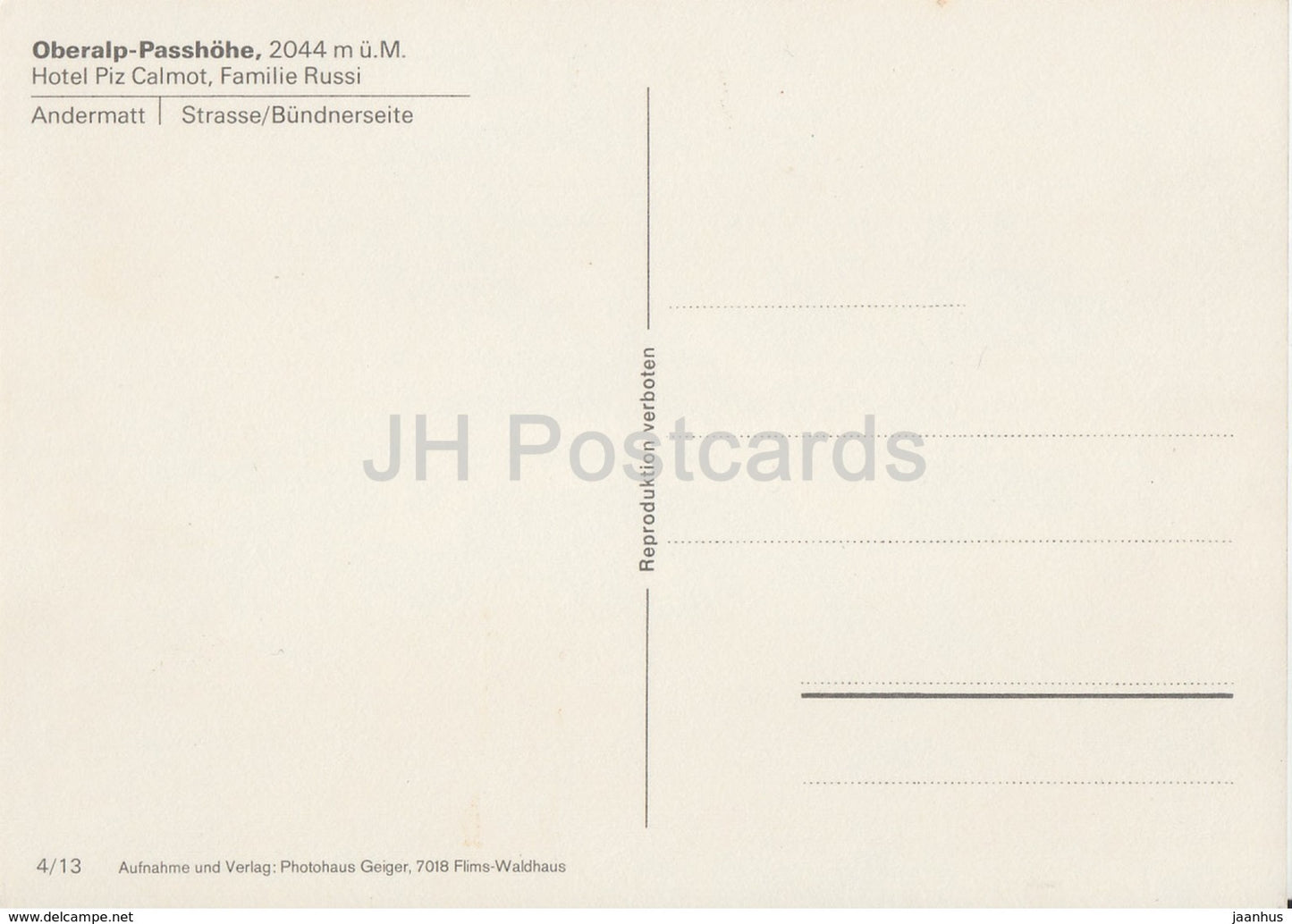 Oberalp Pass - Oberalp Passhohe 2044 m - hotel Piz Calmot - Andermatt - Strasse  multiview - Switzerland - unused