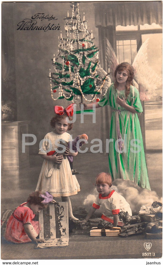 Christmas Greeting Card - Frohliche Weihnachten - children - tree - HB 8507/3 - old postcard - 1924 - Germany - used - JH Postcards
