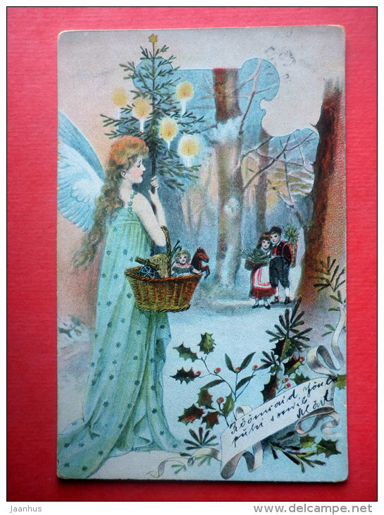 christmas greeting card - children - gifts - angel - serie 925 - circulated in Imperial Russia Estonia 1910s - JH Postcards