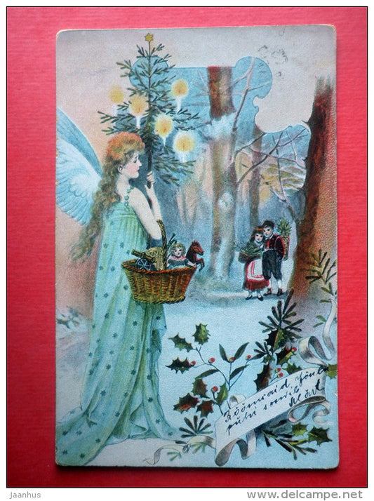 christmas greeting card - children - gifts - angel - serie 925 - circulated in Imperial Russia Estonia 1910s - JH Postcards