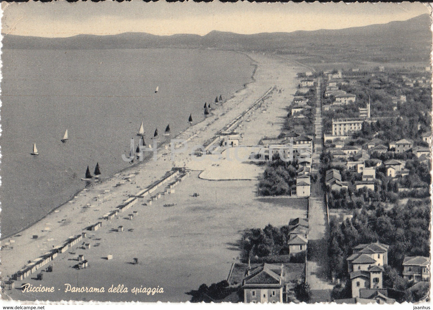 Riccione - Panorama della Spiaggia - La perla verde dell' Adriatico - beach - old postcard - 1953 - Italy - used - JH Postcards