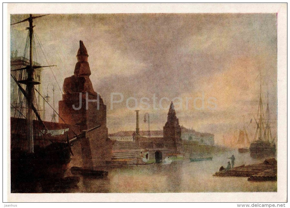 painting by M. Vorobyev - View of the pier with Egyptian sphinxes , 1834-35 - russian art - unused - JH Postcards