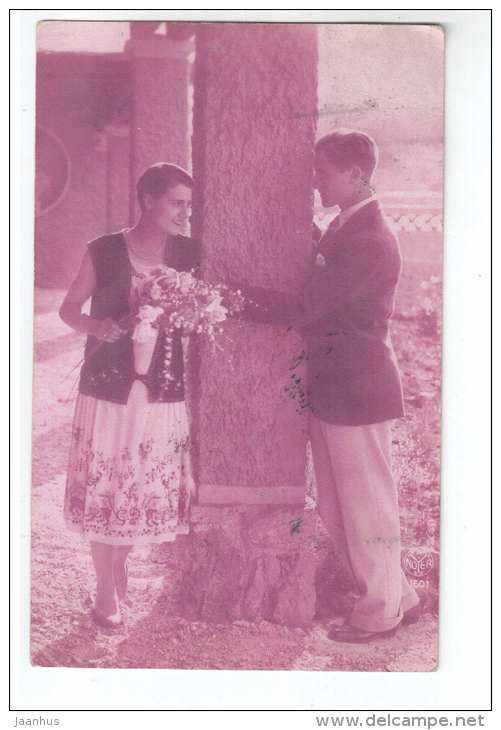 MAn and Woman - flowers - couple - Noyer 1601 - circulated in Estonia 1928 Tallinn - France - used - JH Postcards