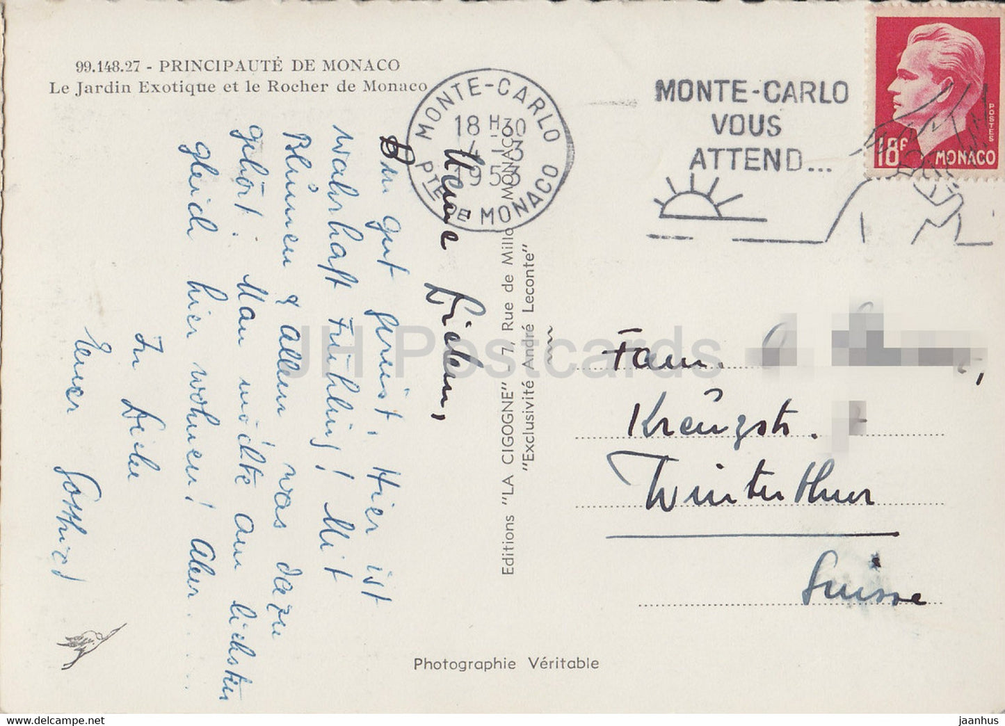 Le Jardin Exotique et le Rocher de Monaco - carte postale ancienne - 1953 - Monaco - occasion