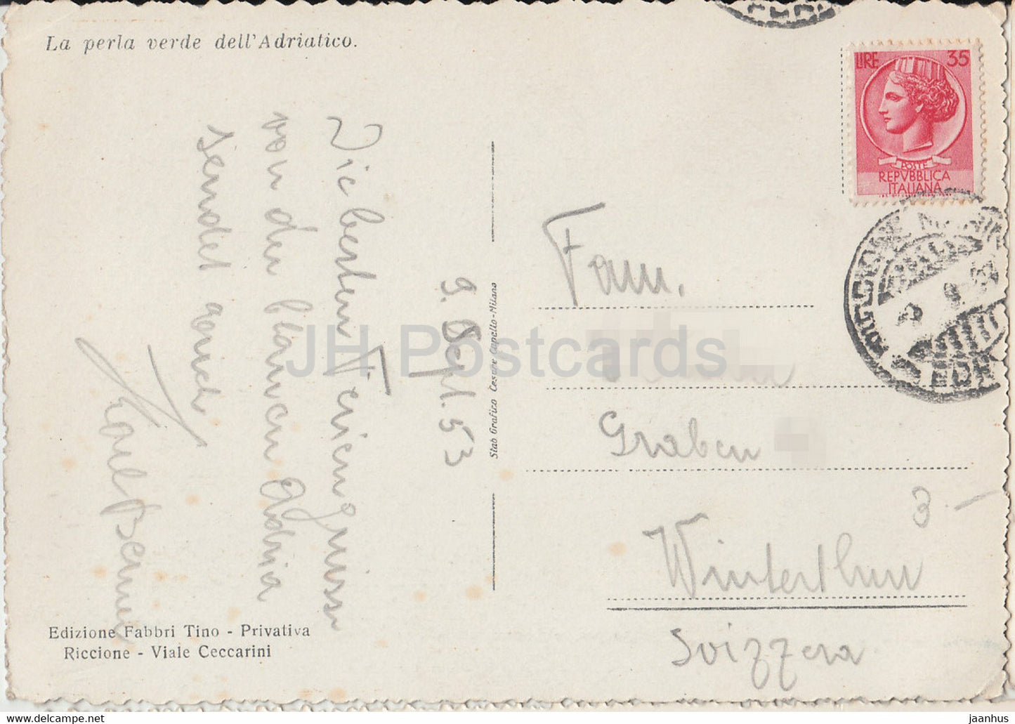 Riccione - Panorama della Spiaggia - La perla verde dell' Adriatico - beach - old postcard - 1953 - Italy - used