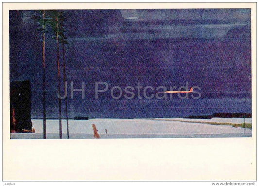 painting by G. Nissky - 2 - High over the Snow-covered Fields - airplane - russian art - unused - JH Postcards