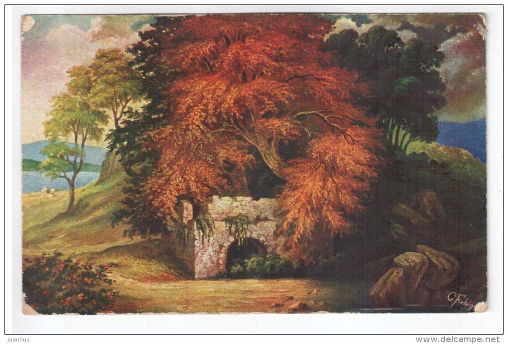 illustration by Fiebiger - ruins trees - Amag 1049 - old postcard - used - JH Postcards