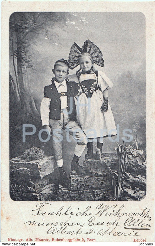boy and girl - children - folk costumes - Alb Maurer - old postcard - Switzerland - used - JH Postcards