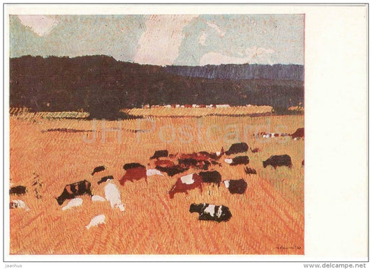 painting by D. Kosmin - Kuban region , 1961 - cows - field - russian art - unused - JH Postcards