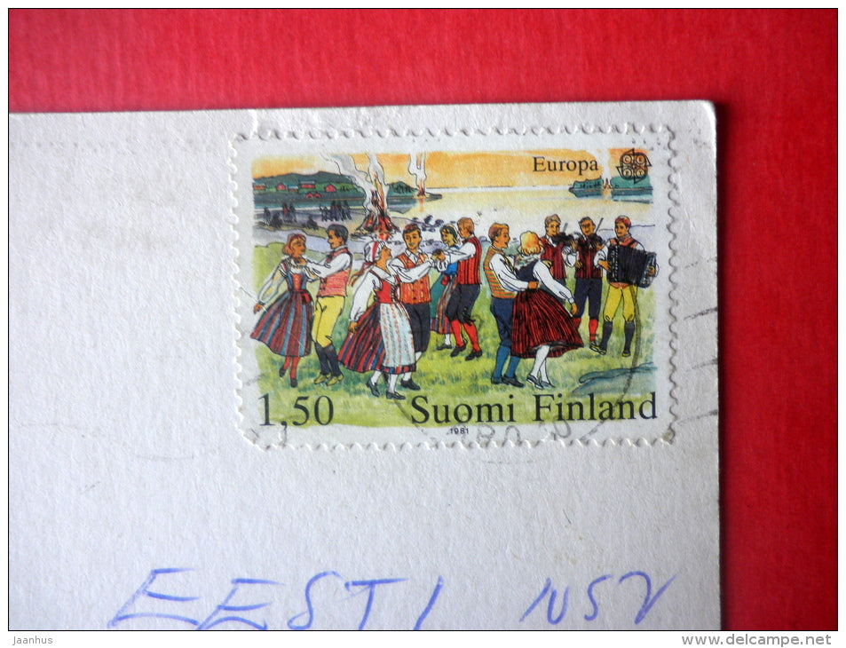 illustration - girl - squirrel - parasol - dance - EUROPA CEPT - Finland - sent from Finland to Estonia USSR 1983 - JH Postcards