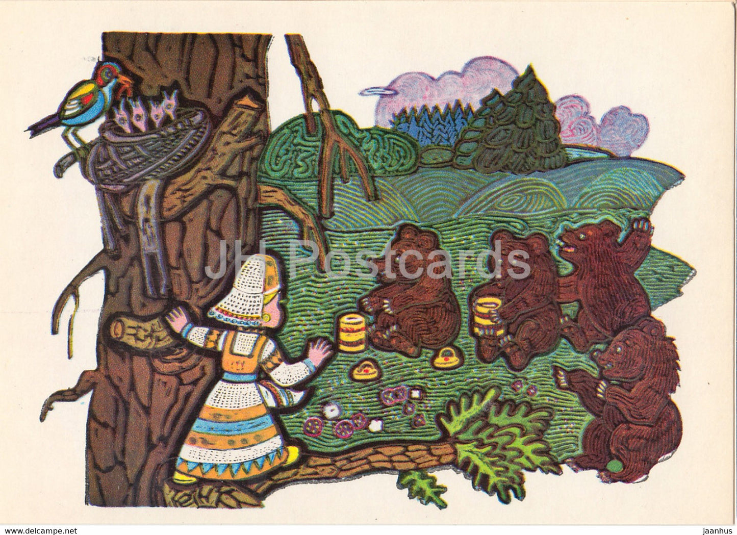 illustration by V. Ignatov - Girl with a spindle - bears - Komi fairy tale - 1977 - Russia USSR - unused - JH Postcards