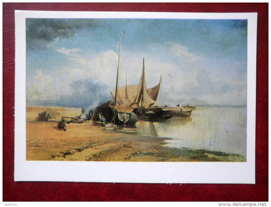 painting by F. Vasilyev , View on the Volga . Barges 1870 - boats - russian art - unused - JH Postcards