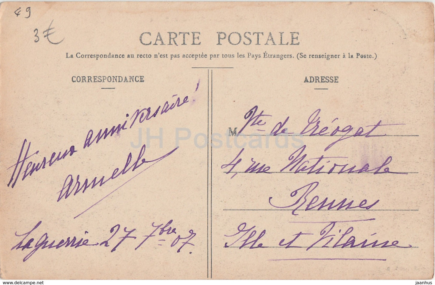 Feneu - Chateau de Sautre - castle - 332 - 1907 - old postcard - France - used