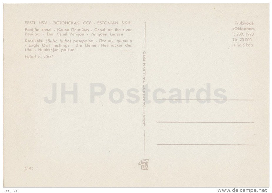 Canal of the river Peenjõgi - Eurasian eagle-owl , Bubo bubo - birds - 1970 - Estonia USSR - unused - JH Postcards
