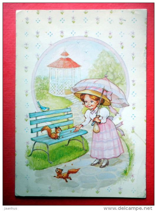 illustration - girl - squirrel - parasol - dance - EUROPA CEPT - Finland - sent from Finland to Estonia USSR 1983 - JH Postcards