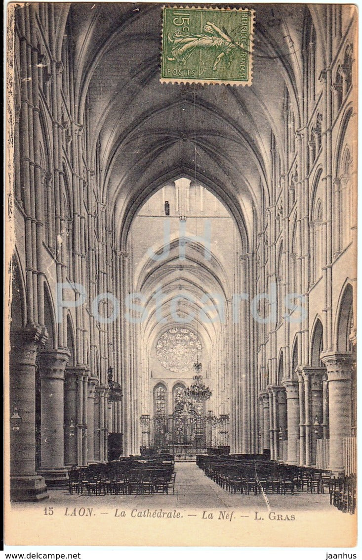 Laon - La Cathedrale - La Nef - L. Gras - cathedral - 36 - 1920 - old postcard - France - used - JH Postcards
