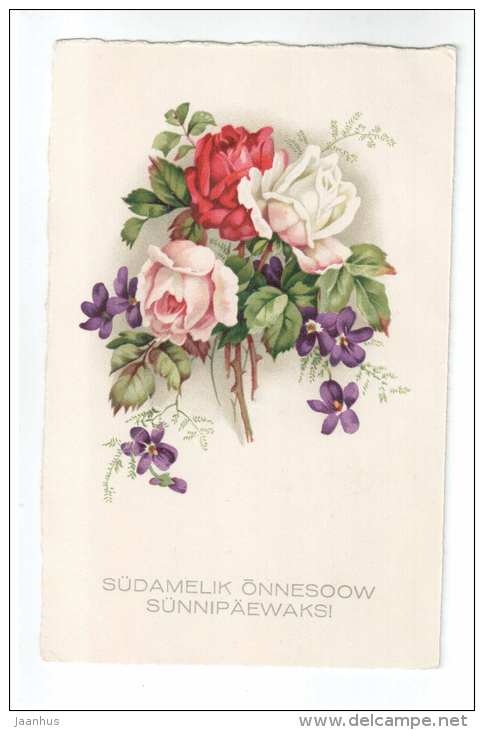 Birthday Greeting Card - flowers - roses - BR - old postcard - circulated in Estonia - used - JH Postcards