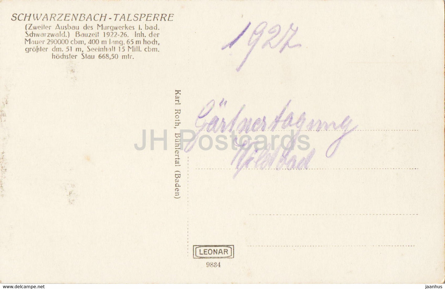 Schwarzenbach Talsperre – 9834 – alte Postkarte – 1927 – Deutschland – gebraucht